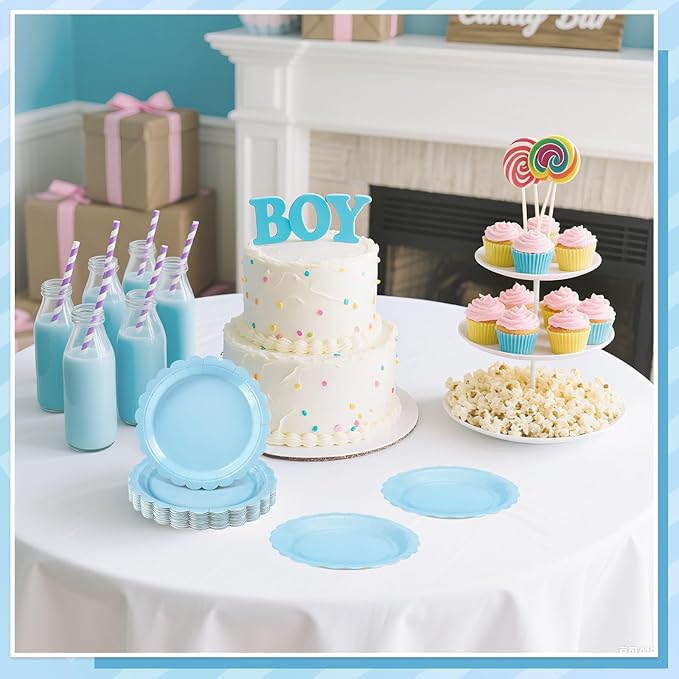 30 Pcs Dessert Plates Disposable, 7 Inch Light Blue Cake Plates Scalloped Small Appetizer Birthday Plate Cute Baby Blue Paper Plate for Boy Baby Shower, Birthday, Wedding