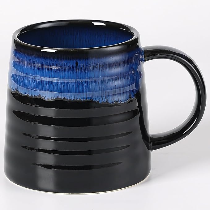 Large Ceramic Coffee Mug, Handmade Pottery Mugs, Tea Cups with Big Handle for Office and Home, 15.5 oz, Dishwasher and Microwave Safe (Star Blue)