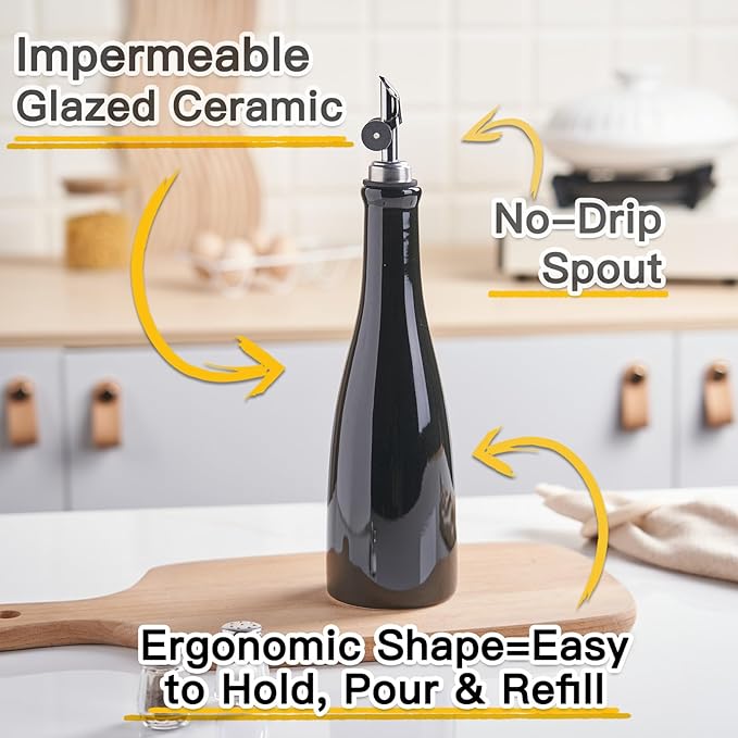 YOLIFE Olive Oil Dispenser Bottle, 20oz Ceramic Oil Dispenser for Kitchen, Oil Bottle with Gravity Spout, Leak Proof EVOO Dispensing Bottle with 2 Spouts and 1 Funnel for Vinegar, Juice(Black)