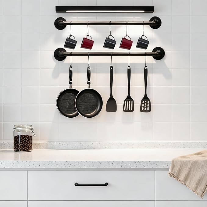 Wall Mounted Pan Pot Rack 21'' Set of 2, Industrial Iron Pipe Utensils Lid Organizer Wall Hanger Bar Kitchen Hanging Rail with 10 S Hooks