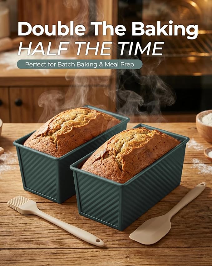 CARTMAN Bread Loaf Pan 2 Pack, 9x4 Pullman Loaf Pan with lid and a Silicone Spatula and Basting Pastry Brush, 1 lb Dough Capacity,Non-Stick Carbon Steel bread pans for homemade bread Sage Green