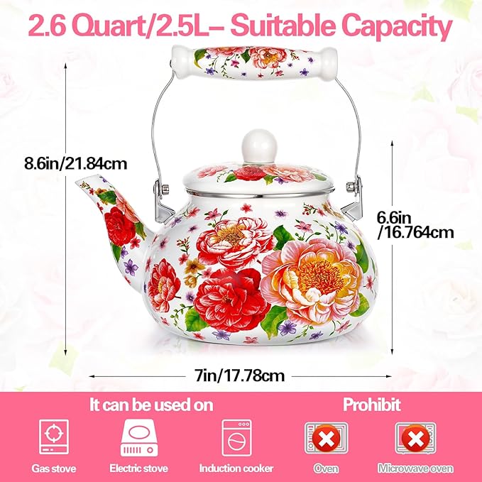 2.6 Quart Floral Enamel Tea Kettle, Vintage Enameled Teapot Stovetop, Enamel on Steel Water Coffee Tea Pot with Ceramic Handle, Colorful Hot Water Kettle for Home Kitchen Decor, No Whistling