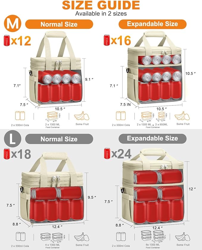 Lunch Box For Men Women Double Deck Insulated Lunch Bag For Men Woman Leakproof Expandable Cooler Bag with Adjustable Shoulder Strap for Work Shool Picnic(Beige,Medium)