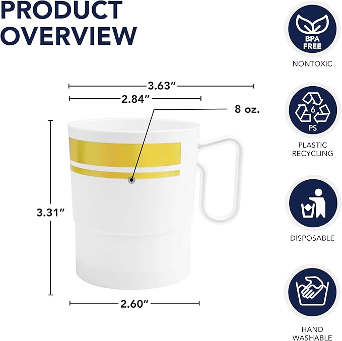 Party Essentials 8-Ounce Hard Plastic Coffee Cup/Tea Mug with Handle, 20-Count, White W/Gold Rim