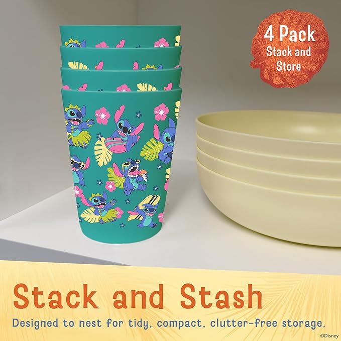 Disney Reusable Plastic Cups – 4 Pack 16 oz Plastic Drinking Glasses with Mickey, Stitch, Pooh, or Disney100 Designs – BPA-Free, Stackable, Top Rack Dishwasher Safe Tumblers for Water, Juice & More