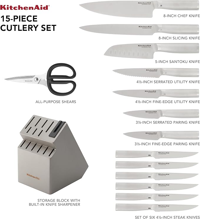 KitchenAid Gourmet Knife Block Set with Built-in Sharpener, 15-Piece, Stainless Steel