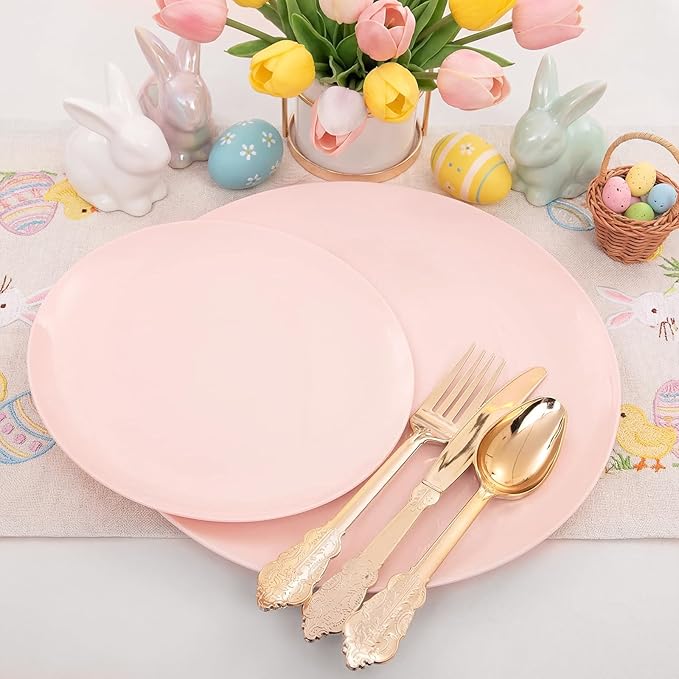 KIRE 60PCS Pink Plastic Plates Disposable - Heavy Duty Pink Plates for Party - Include 30Pieces 10.25inch for Dinner and 30Pieces 7.5inch for Dessert Salad