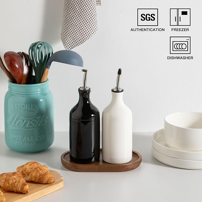 Sweejar Ceramic Olive Oil Dispenser Bottle Set, Opaque Oil Cruet Protects to Reduce Oxidation, Suitable For Storage Of Vinegar, Soy Sauce & Other Liquids,Pack of 2,15.5 Fl Oz（White Black）