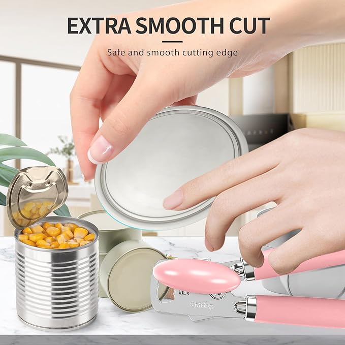 Can Opener Manual, Heavy Duty Stainless Steel Smooth Edge Can Openers With Soft Touch Handle, Oversized Handheld Easy Turn Knob, Multi-Function Bottle Opener, Pink