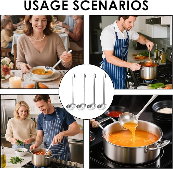 4Pcs Stainless Steel Ladle,Soup Long Handle Ladle with Pouring Rim for Serving,Metal Soup Ladles for Punch Bowl Cooking Sauce Kitchen Restaurant Accessories(2 oz)