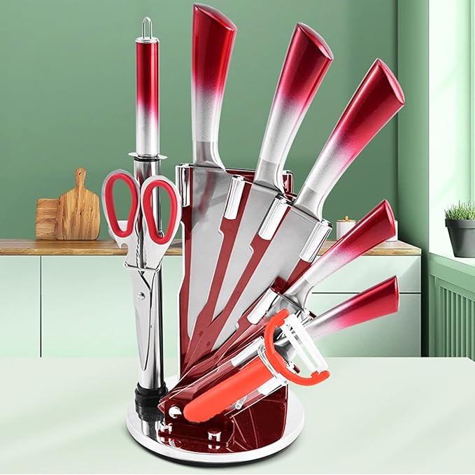 Red Professional 9-Piece Kitchen Knife Set with Acrylic Block, Non-Stick Sharp Stainless Steel Chef Knives, Sharpener