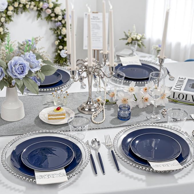 KIRE 175Pcs Blue Plastic Plates with Silver Rim & Disposable Silverware with Blue Handle & Silver-rim Cups & Hand Napkin & Plastic Dinnerware for Parties/Wedding/Passover