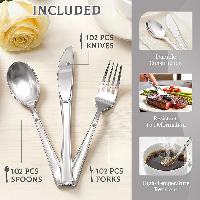 306 Count Heavy Duty Silver Plastic Silverware - 102 Forks, 102 Knives, 102 Spoons Disposable Plastic Utensils Set Plastic Flatware Bulk Cutlery Sets for Holiday Party Dinner Wedding Gathering