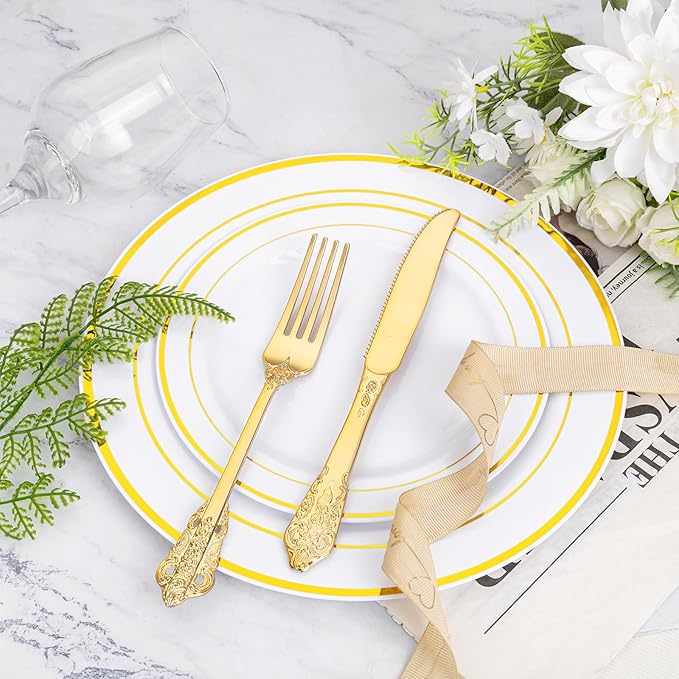 WDF 120PCS Gold Plastic Silverware - Heavy Duty Gold Plastic Cutlery Set Disposable Utensils - 40 Forks, 40 Spoons, 40 Knives, Perfect for Party Weeding Daily Use Baby Showe Spring