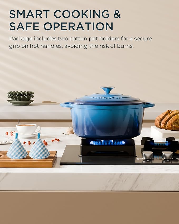 Enameled Cast Iron Dutch Oven - 6QT Pot with Lid & Cotton Potholders - Heavy-Duty Cookware for Braising, Stews, Roasting, Bread Baking, Oven Safe up to 500° F & Across All Cooktops, Navy Blue