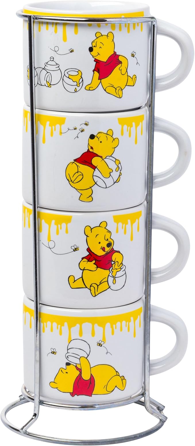Silver Buffalo Disney Winnie the Pooh Honey "Hunny" Drips 4pc Stackable Ceramic Espresso Small Cup Set, 3 Ounces