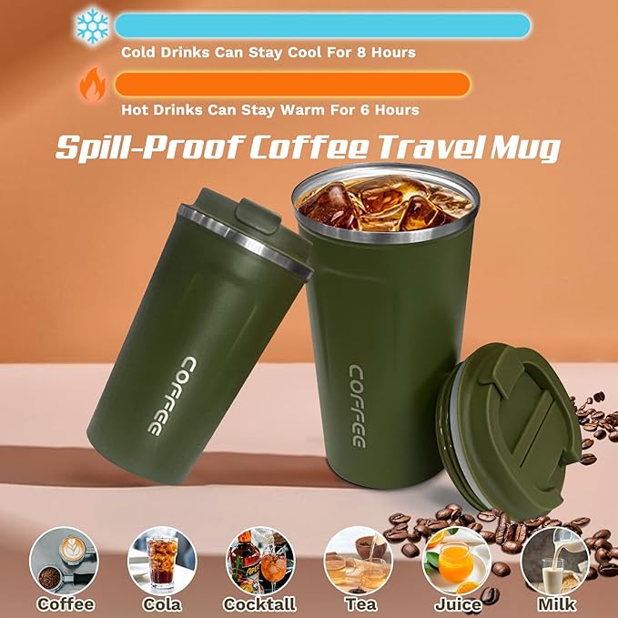 Travel coffee mugs leak-proof, reusable coffee cups with lids, stainless steel vacuum insulated coffee tumblers, thermal insulation cups for men & women keep drinks hot & cold(2nd-Green, 12OZ)