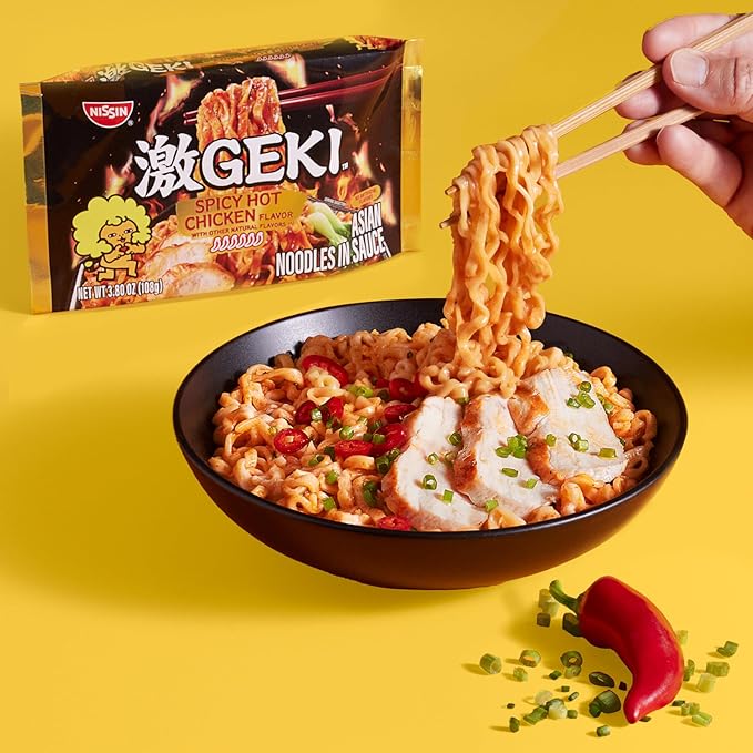 Nissin Geki Chili Infused Asian Noodles, Spicy Hot Chicken (Pack of 20)