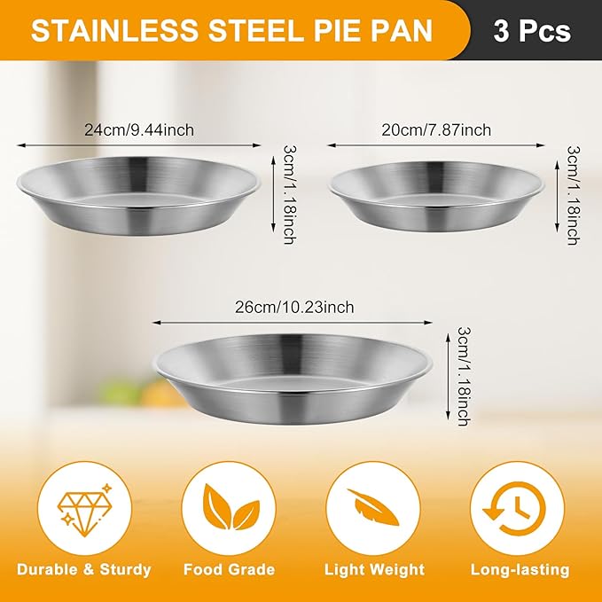 Tobeelec 3 Pcs Stainless Steel Pie Pan Set, Pizza Pan Deep Pie Dish Pie Plate Baking Tray Dishes for Pizza Baking Serving Oven Grill, 3 Sizes