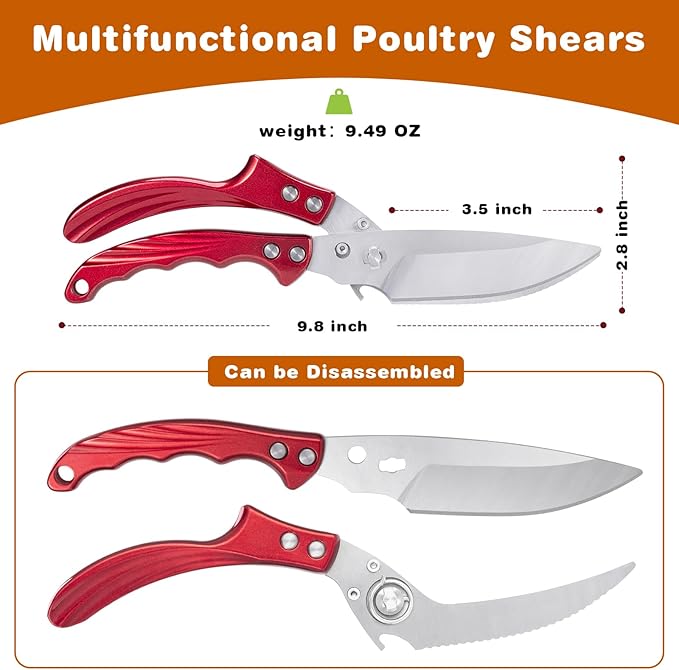 Kitchen Shears turkey shears for food - Stainless Steel Poultry Shears Heavy Duty for Meat Bones Seafood, All Purpose Food Scissors, Detachable Blades, Ergonomic Handle, Dishwasher Safe, Red