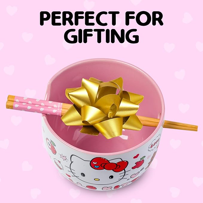 Silver Buffalo Sanrio Hello Kitty Apples and Hearts Doodles Ceramic Ramen Noodle Rice Bowl with Chopsticks, Microwave Safe, 20 Ounces