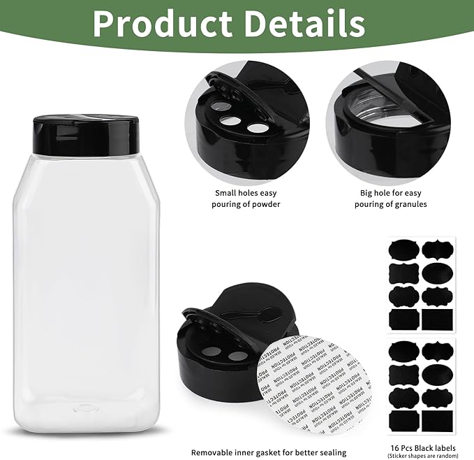 PineHaven 9 Pcs 16 oz Plastic Spice Jars with Black Cap,Square Plastic Bottle Containers with Lid and Stickers,Empty Seasoning Bottles Large Clear Spice Shaker for Storage Spices, Coffee, Tea, Herbs