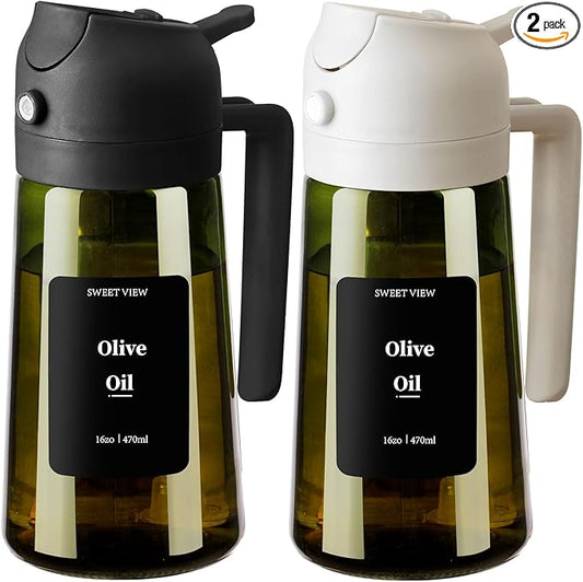 2PCS Olive Oil Dispenser and Oil Sprayer – 16oz/470ml Glass Light-Proof Oil Pourer for Kitchen Air Fryer, Cooking, Salad, and BBQ, with Stickers
