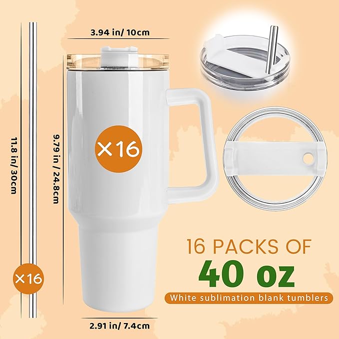 Joyclub 16 Pack 40 OZ Sublimation Tumblers with Handle Blank Insulated Large Tumbler Bulk, Coffee Travel Cups Stainless Steel Travel Mug for Diy Craft Heat Press Print