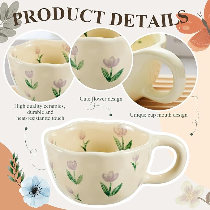 Vesici 2 Pcs Ceramic Coffee Mugs with Spoon, Vintage Floral Spring Mugs with Handle, 8.5 oz Aesthetic Flower Porcelain Tea Cup Set, Dishwasher & Microwave Safe for Home Office Gift(Charming)
