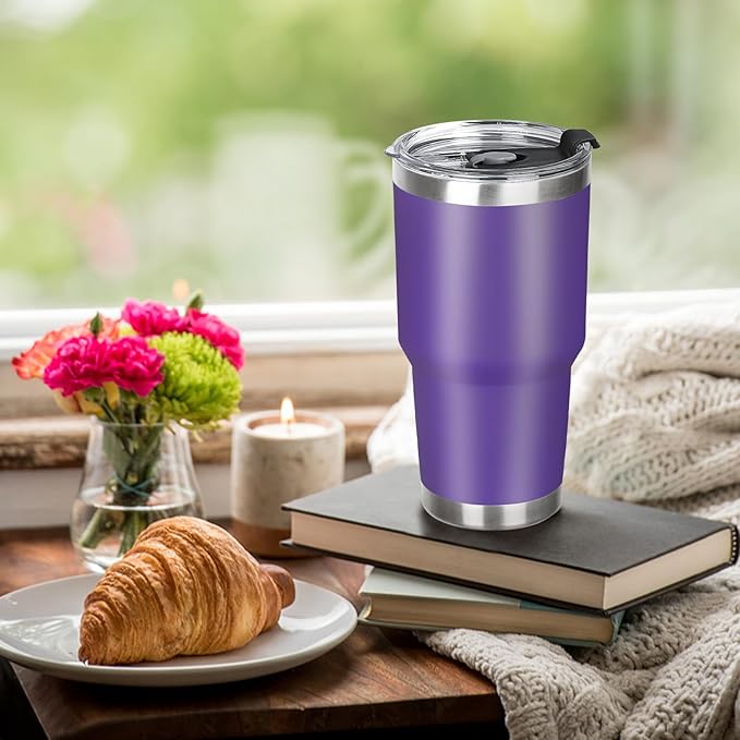 30 oz Tumbler with Lids and Straws Double Wall Vacuum Insulated Tumbler Cup,Stainless Steel Leak-proof Thermal Tumbler Powder Coated Travel Coffee Mug for Cold and Hot Drinks,Dark Purple