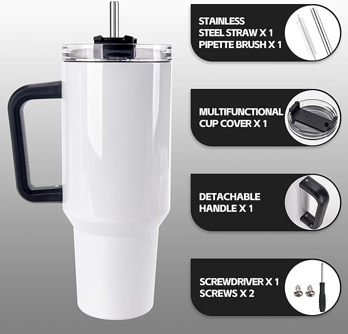 D·S 4 Pack Sublimation Tumblers 40 OZ with Handle Blank Insulated Large Tumbler Bulk, Coffee Travel Cups Stainless Steel Travel Mug for Diy Craft Heat Press Print