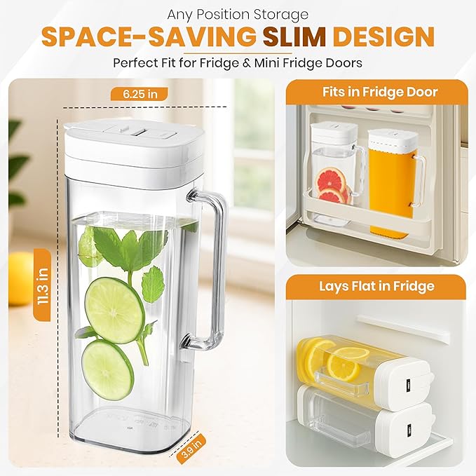 SlimFit 2 Quart (2 Liter) pitcher with lid - Water jug for fridge door - Leakproof 64oz plastic pitcher with lid - Drink Container for Juice, Iced Tea, Coffee, BPA-Free Plastic, White