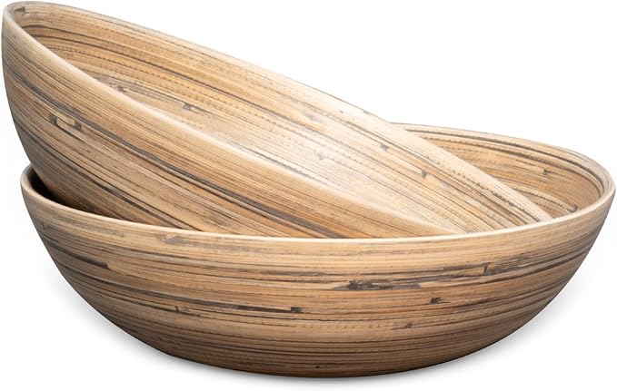 LEXA 12" Handmade Bamboo Salad Bowl – 130 oz Large Wooden Fruit Bowl for Kitchen Counter, Black Bamboo, Pack of 2