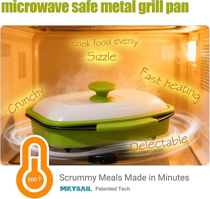 Quick-Heat 39 OZ Microwave Bacon Cooker & Grill Pan with Lid | Multi-Purpose Microwave Cookware for Grilling, Frying, Baking | Portable & Dishwasher Safe for Kitchen, RV, Office, Dorm(Green)