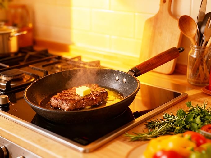 Non-stick frying pan, granite-coated skillet, lightweight egg pan, chef's frying pan,Fried eggs don't stick to the pan， wooden handle (10 inches)