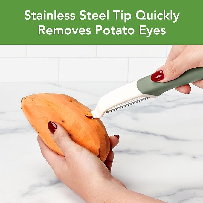 Tovolo Vegetable Peeler with Ultra Sharp Stainless Steel Swivel Blade Non Slip Handle, Multi Functional Dishwasher Safe Kitchen Wide Ribbon Potato Peeler for Fruit Veggies Carrots Apples, Thyme Green
