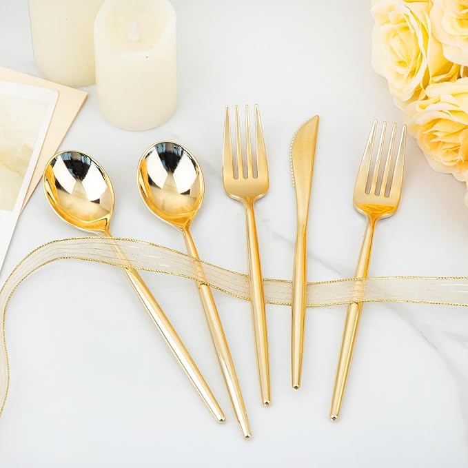 U-QE 120Pcs Gold Plastic Silverware, Luxury Plastic Cutlery, Heavy Weight Flatware, Gold Disposable Utensils Set Include 60 Forks, 30 Spoons,30 Knives for Party