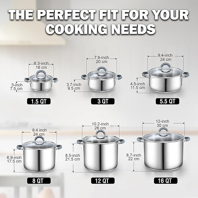 Cook N Home Stock Pot with Lid, 12-Quart Basic Stainless Steel Sauce Cooking Soup Pot, Stay-Cool Silicone Handles
