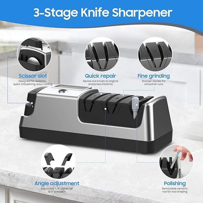5-in-1 Electric Knife Sharpener for Kitchen Knives, with 100% Diamond Abrasives, 3 Adjustable Speeds, Quickly Sharpening for Straight/Serrated/Kitchen Knives, Scissors