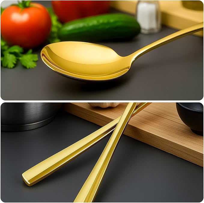 Gold Serving Spoons, Extra Large Serving Spoons Set- 12-Inch Stainless Steel Serving Utensils for Buffet for Buffet, Parties, Catering, Banquet - Dishwasher Safe (2-Pack, Gold)