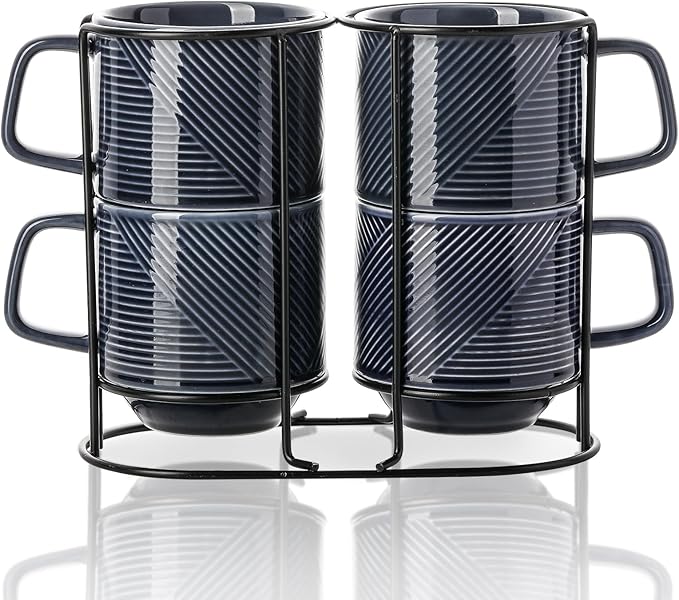 Stackable Coffee Mugs with Rack: 13 oz Stacking Ceramic Cups with Stand - Porcelain Stacked Tea Mug Set of 4 (Navy)