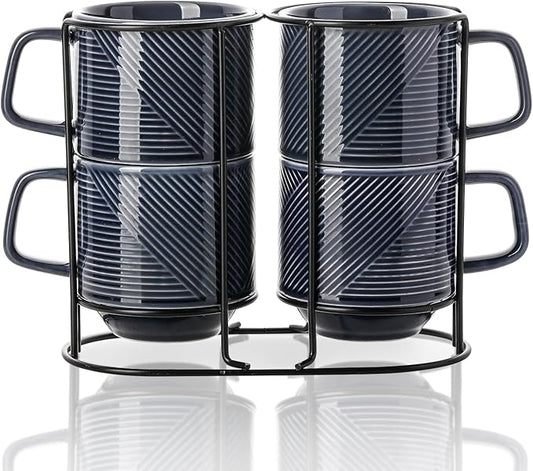 Stackable Coffee Mugs with Rack: 13 oz Stacking Ceramic Cups with Stand - Porcelain Stacked Tea Mug Set of 4 (Navy)