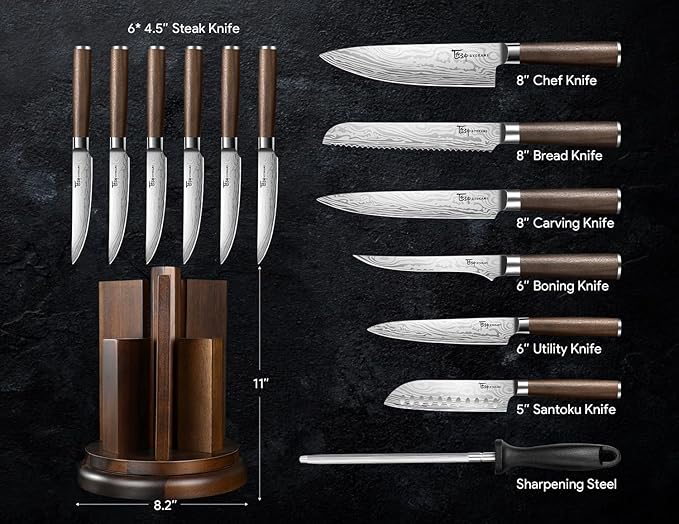 Kitchen Knife Set with Magnetic Block and Sharpener 14 Piece Knife Set 360° Rotatable Holder Ultra Sharp High Carbon Stainless Steel Knives Sets with Steak Knives, Ideal Gift