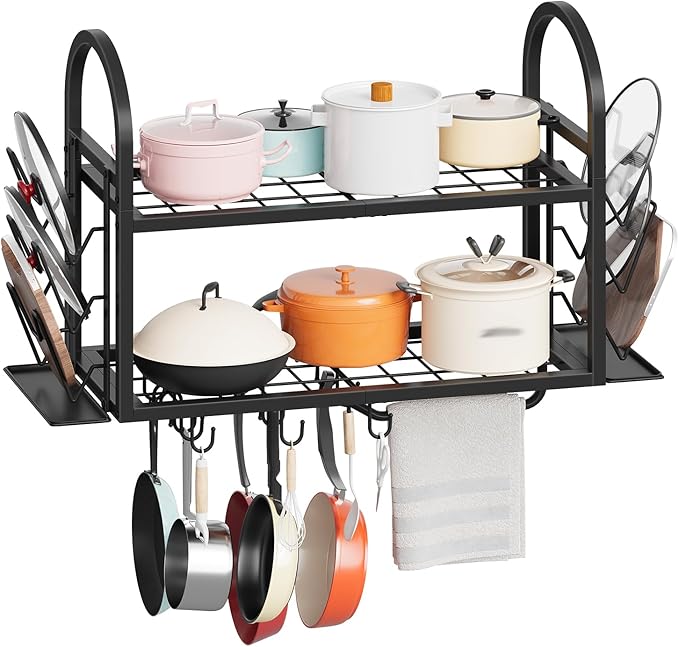 HOOBRO 30 Inch Pot Rack Wall Mounted, 2 Tier Pots and Pans Organizer with 6 Lid Holders and 10 Hooks, Wall-Mounted Pan Hanger with Towel Bar, for Kitchen Cookware Utensils Storage, Black BB100TL01