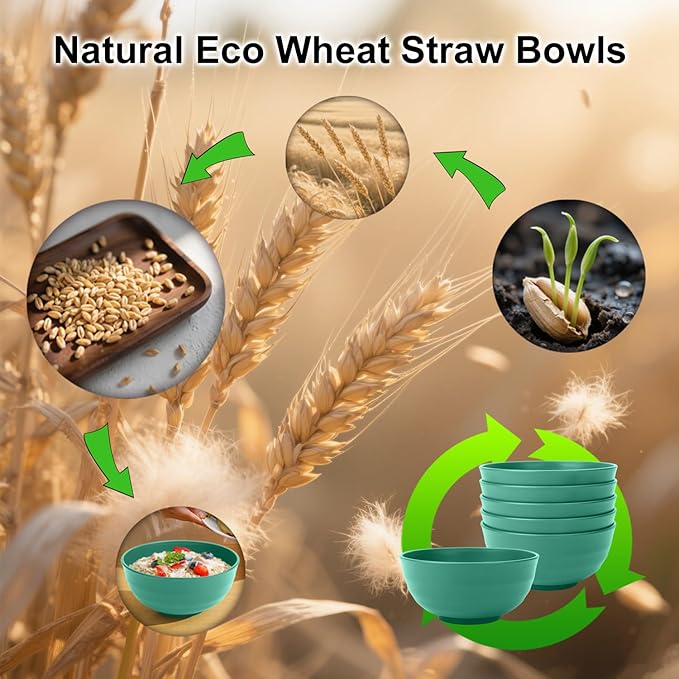 Wrova Wheat Straw Bowls 60oz, Unbreakable Large Cereal Bowls Set of 6, Plastic Bowls Reusable Salad Soup Bowls Microwave Safe, Big Bowl for Kitchen and Apartment, Large Bowls for Eating- Green