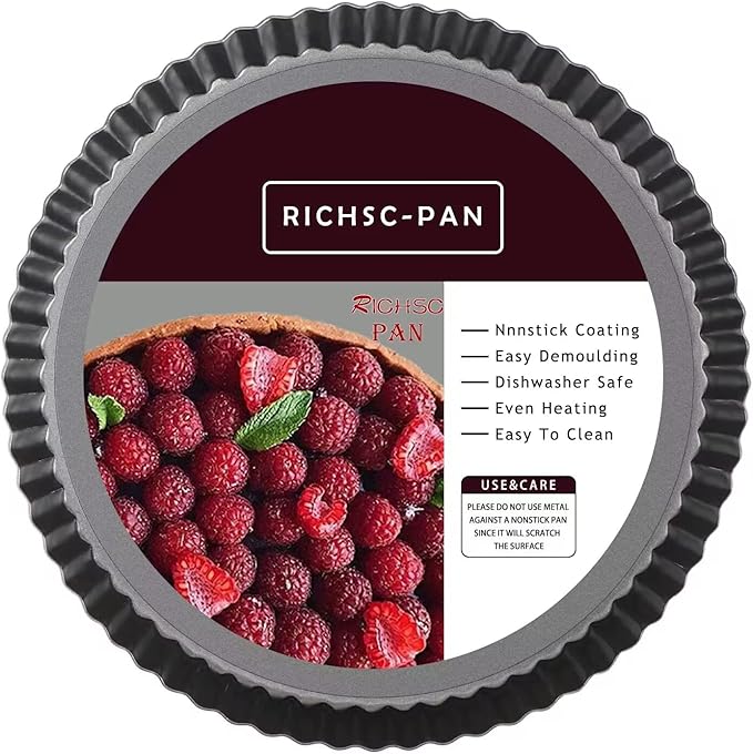 Tart Pan 10 Inch Tart Pan Carbon Steel Round Non-Stick Pan Quiche Pan with Removable Chassis for Mousse Cakes, Kitchen Reusable Baking Tool with A Depth of 1.18 Inches.