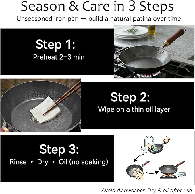 WANGYUANJI 10.2" Iron Skillet with Glass Lid & Spatula, Flat-Bottom Hand-Hammered Frying Pan, Uncoated & Unseasoned Small Iron Wok for Induction, Gas & Electric Stoves