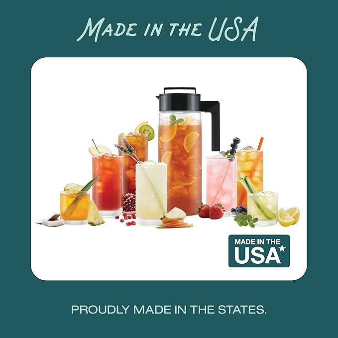 Takeya Airtight Pitcher - Durable BPA-Free Eastman Tritan Odor/Stain-Resistant Leakproof Lid for Iced Tea/Water Easy-Grip Silicone Handle Spill-Free Spout Fridge-Friendly Made in USA 1 Quart/Black