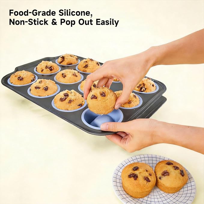 Boyun Silicone Muffin Pan for Baking,No-Spill Easy-Transfer Design,Reinforced Steel Frame, Non-Stick & Dishwasher Safe,12-Cup Regular Size Muffin & Cupcake Pan Bakeware for Oven (Blue 2pcs)