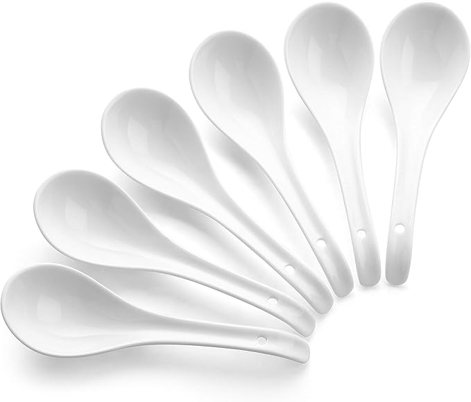DOWAN Soup Spoons Set of 6, Ceramic Chinese Soup Spoon, Asian Soup Spoons, White Japanese Spoon Large for Ramen Pho Wonton Dumpling Miso, Deep Oval Hook Design(Soft White)